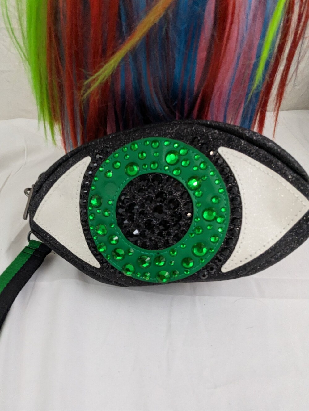 Eye Shaped Clutch/Wristlet Bag with Green Rhinestones